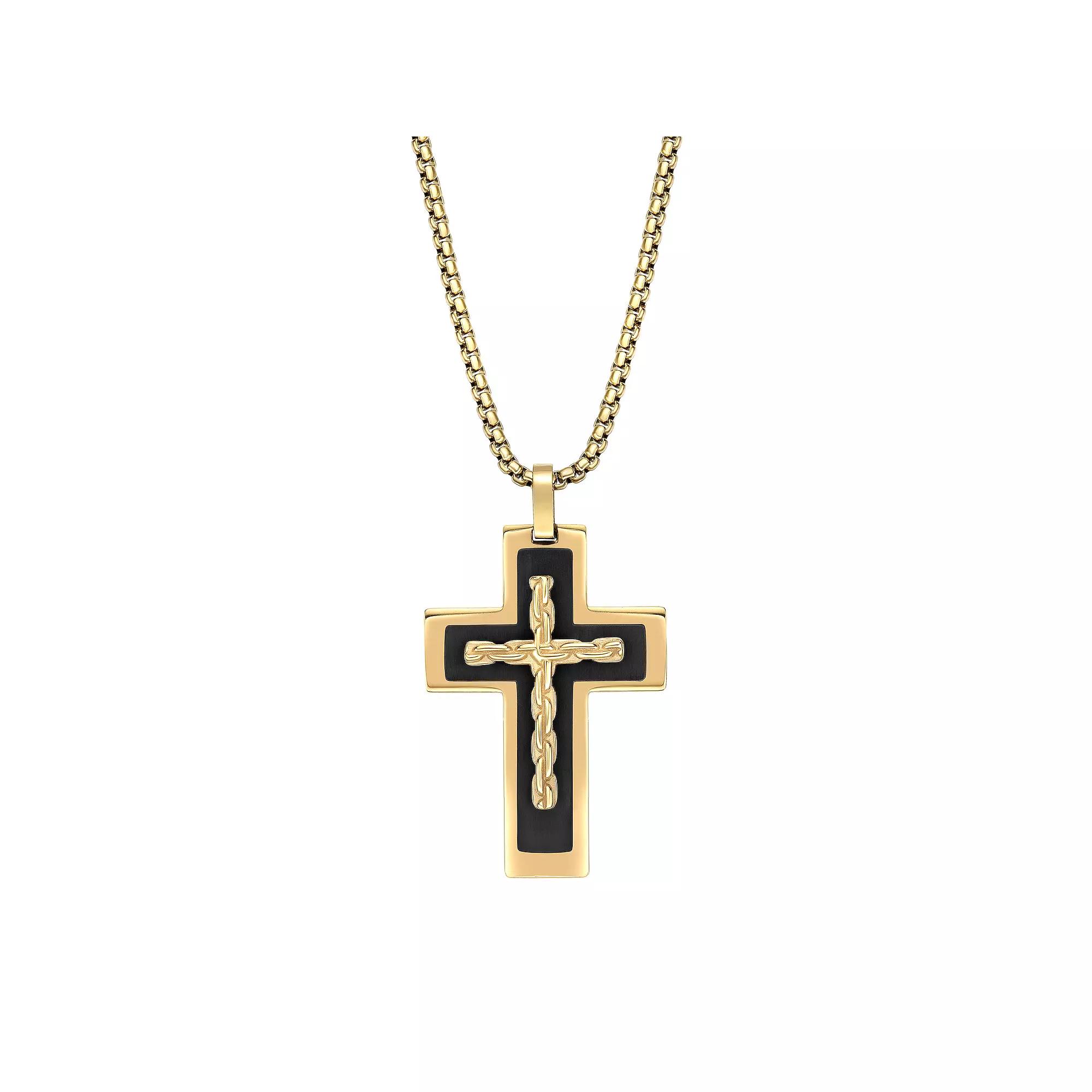 Mens LYNX Black & Gold Tone Ion Plated Stainless Steel Cross Pendant Necklace Two Tone Product Image
