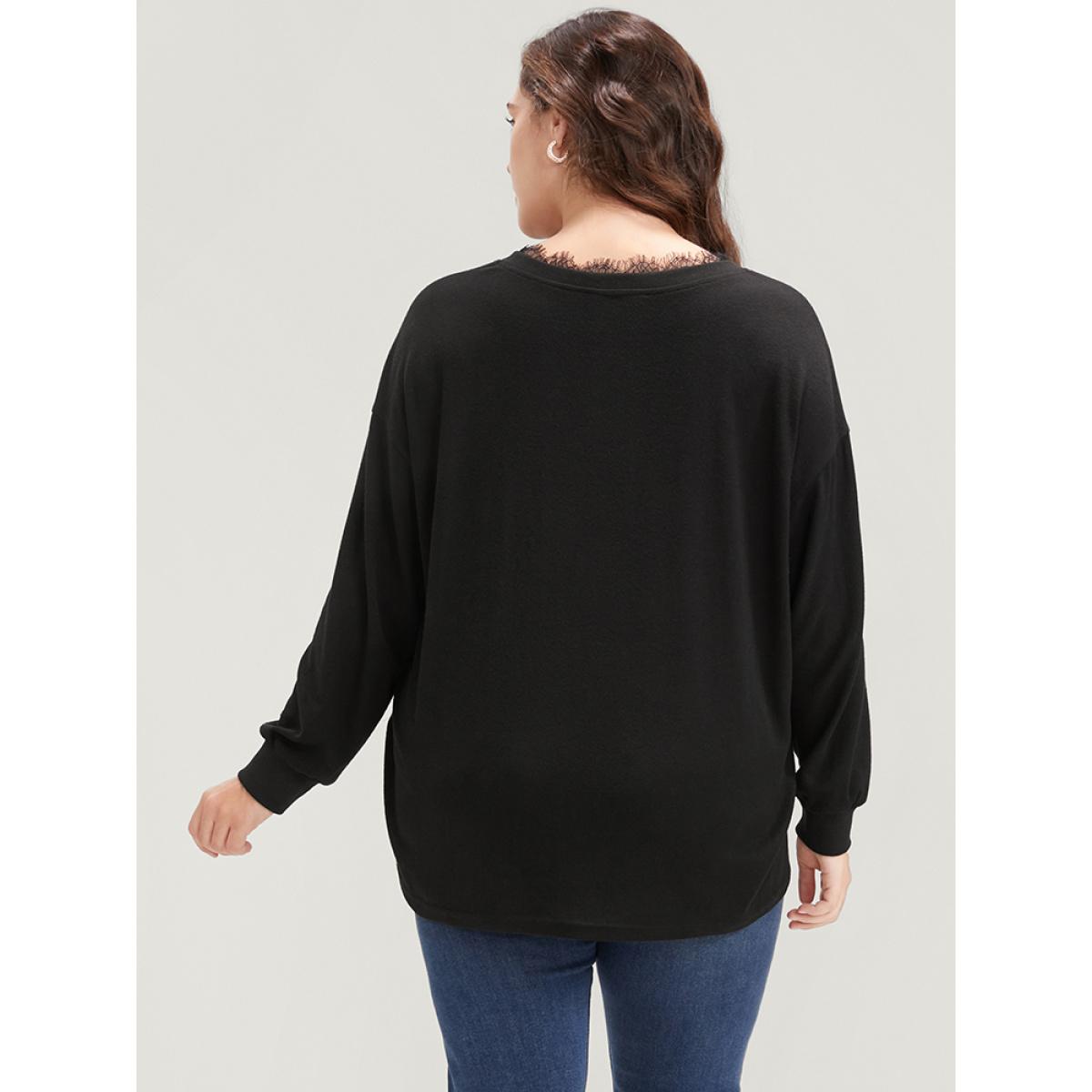 Plus Size Solid V Neck Lace Trim Drop Shoulder Sweatshirt Women Black Elegant Lace V-neck Dailywear Sweatshirts BloomChic 30/6X Product Image