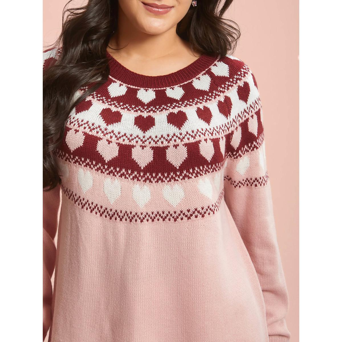Plus Size Round Neck Heart Jacquard Ribbed Pullover Nudepink Women Leisure Loose Long Sleeve Round Neck Casual Pullovers BloomChic 30/6X Product Image
