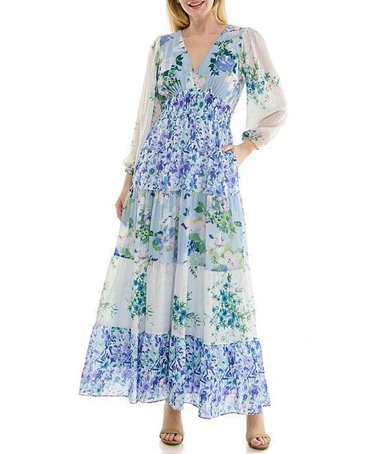 Moda Tara Long Sleeve V-Neck Floral Tiered Crepe Chiffon Maxi Dress Product Image