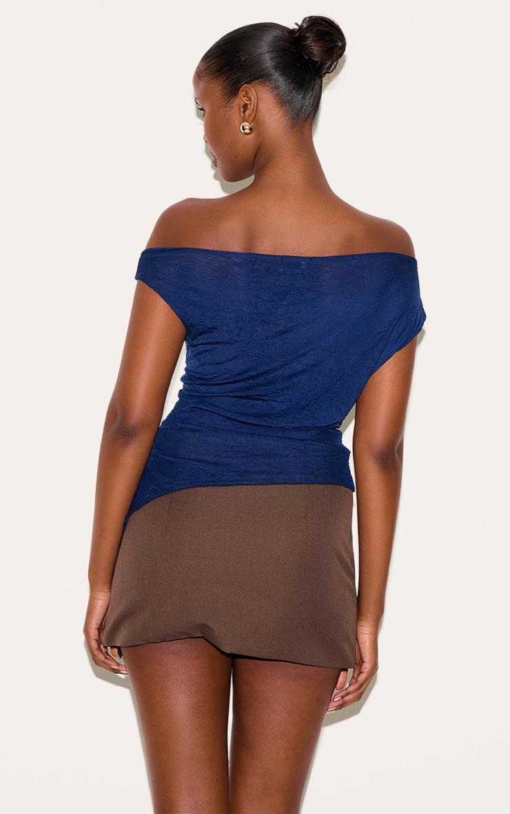  Navy Crinkle Mesh Asymmetric Neck Top Product Image