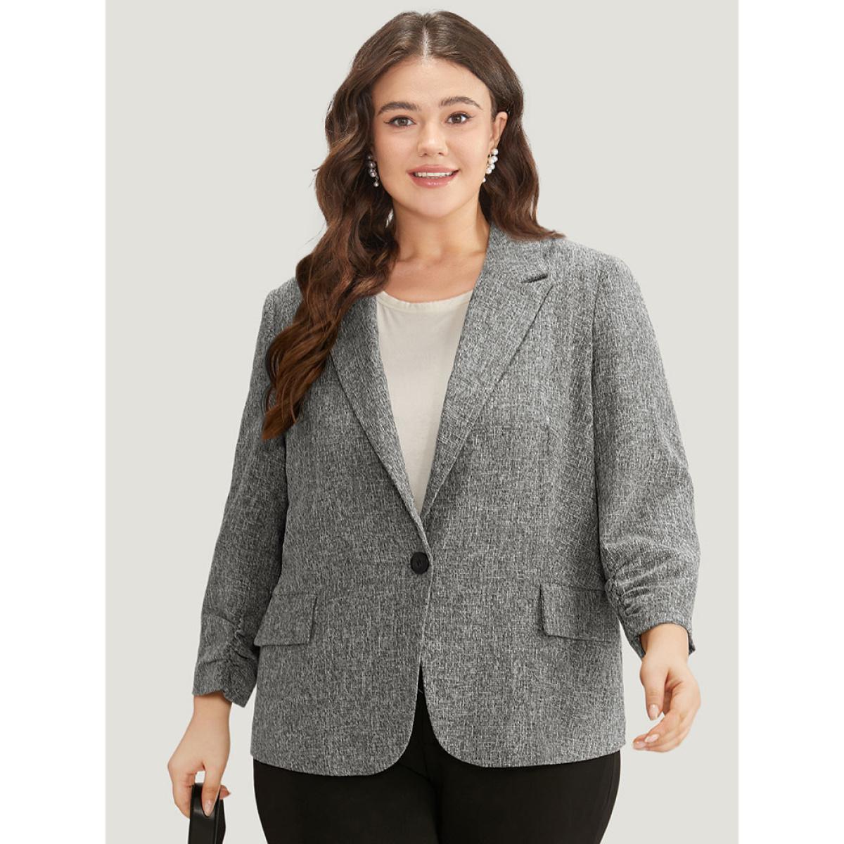 Plus Size Coarse Tweed Ruched Cuffs Flap Pocket Blazer DimGray Women Office Plain Texture Sleeve Long Sleeve Suit Collar 18-20/2X At the Office Blazers BloomChic Product Image