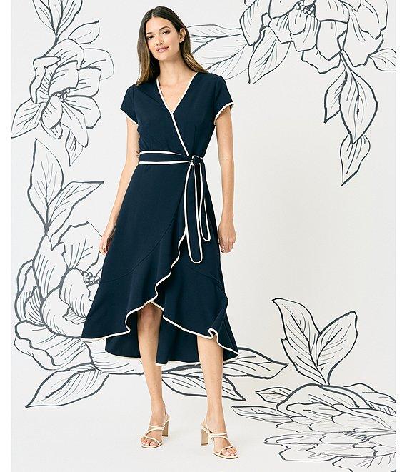 Maggy London Scuba Crepe Contrast Trim V-Neck Short Sleeve Tie Front Wrap Midi Dress Product Image