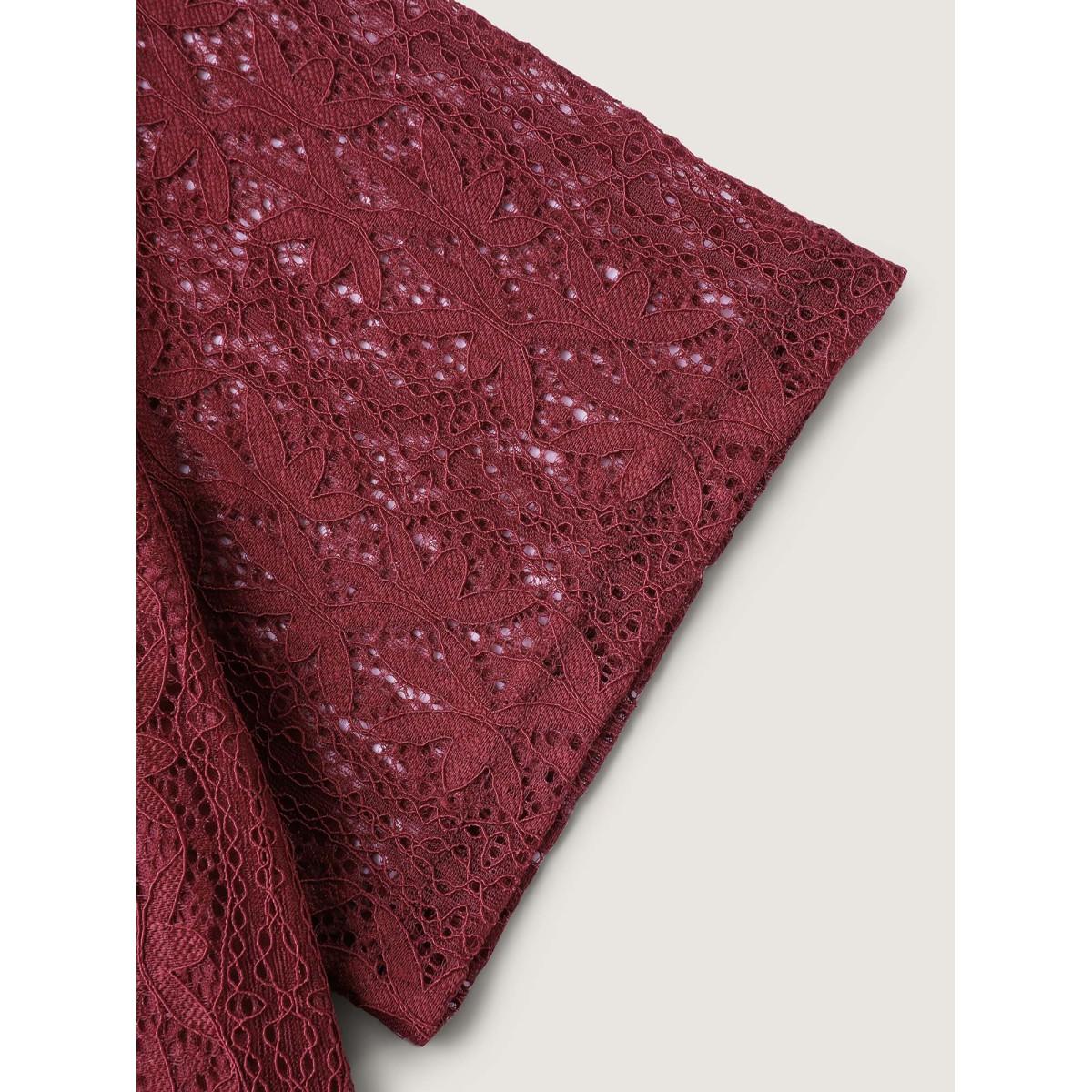 Plus Size Floral Lace Stretchy Waist Contrast Midi Dress Burgundy Women Round Neck Short sleeve Curvy BloomChic 22-24/3X Product Image