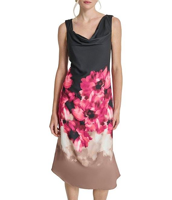 DKNY by Donna Karan Floral Woven Cowl Neck Sleeveless Midi A-Line Dress Product Image