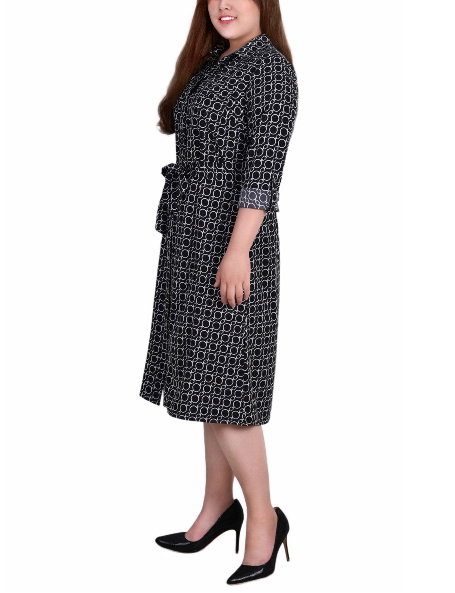 Black White Circle Chain 3/4 Roll Tab Sleeve Belted Shirtdress - Plus Product Image