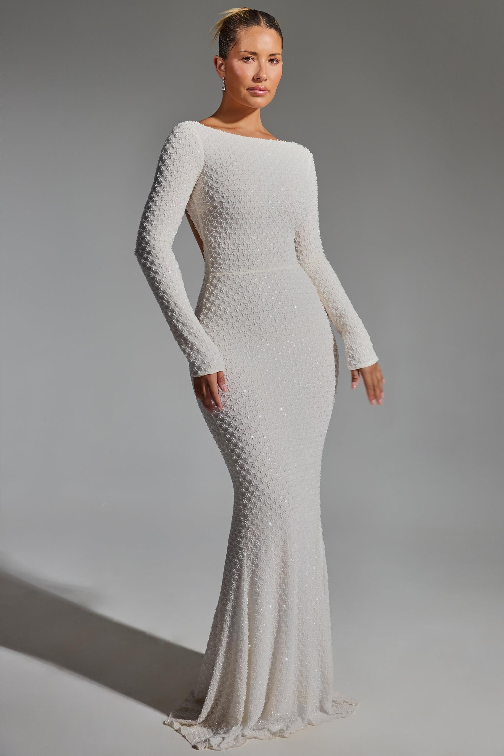 Embellished Open-Back Gown in White Product Image