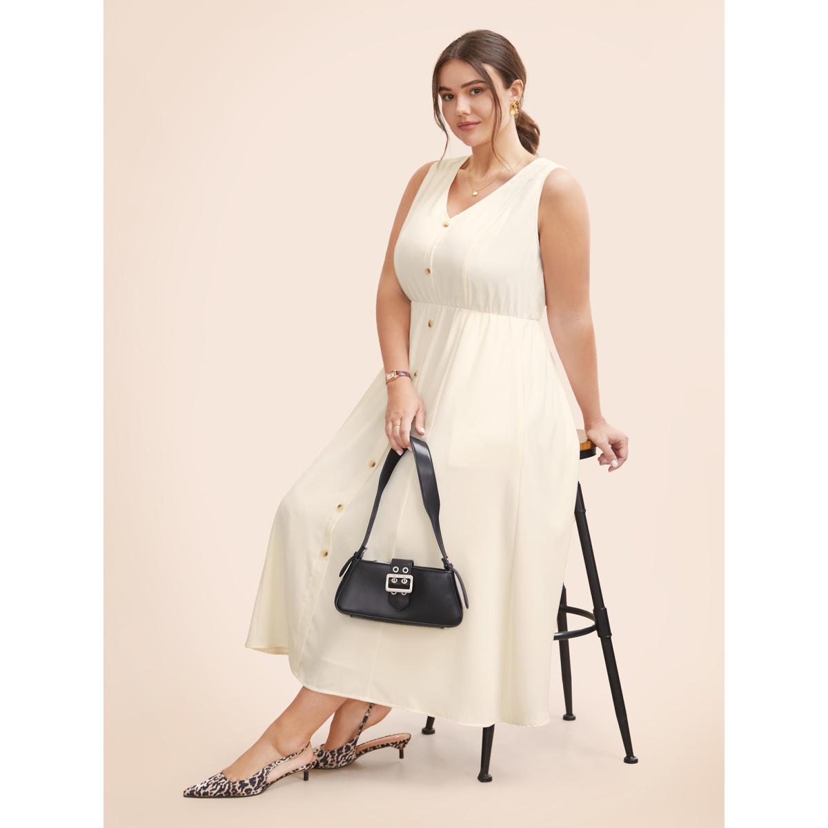 Plus Size V Neck Button Detail Sleeveless Dress Ivory Women At the Office Button V-neck Sleeveless Curvy BloomChic 30/6X Product Image