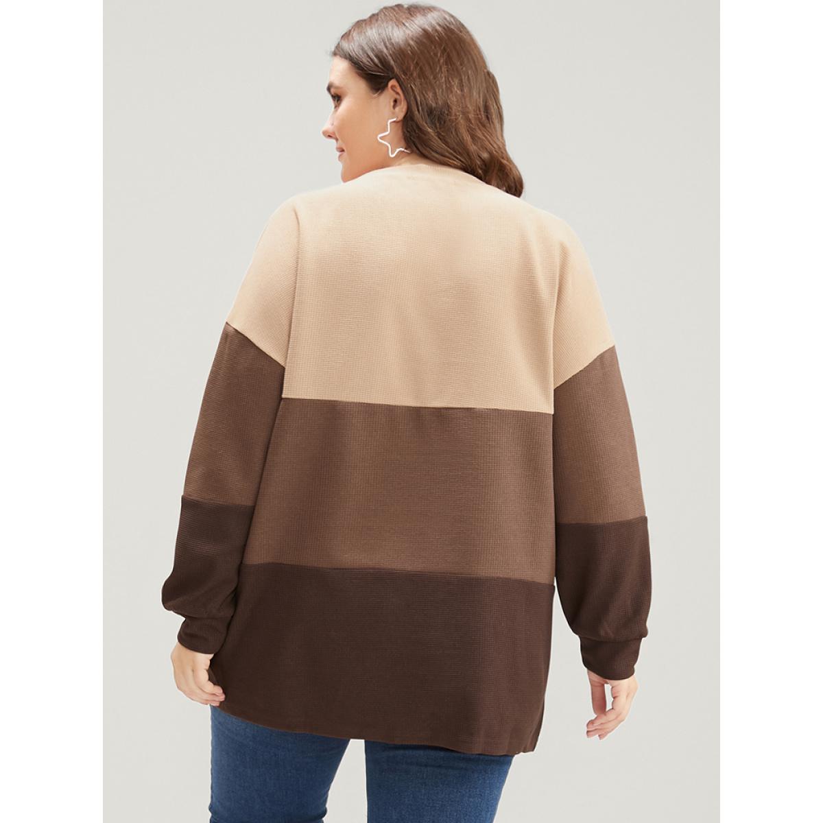 Plus Size Colorblock Contrast Round Neck Drop Shoulder Sweatshirt Women Tan Casual Patchwork Round Neck Dailywear Sweatshirts BloomChic 18-20/2X Product Image