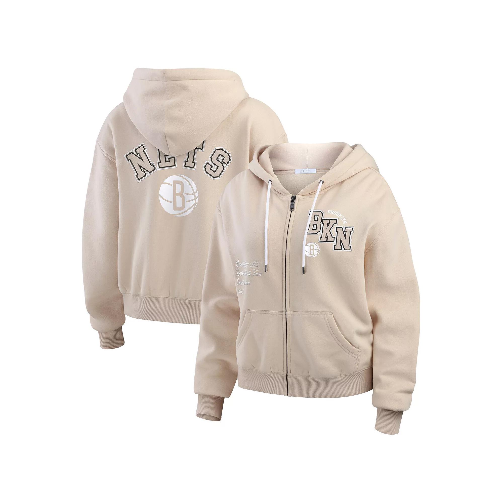 Women's WEAR by Erin Andrews Tan Brooklyn Nets Tonal Felt Patch Full-Zip Hoodie,  Product Image