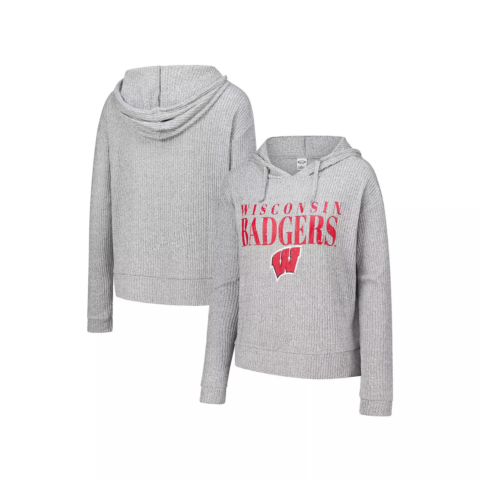 Women's Concepts Sport Heather Gray Wisconsin Badgers Juniper Soft Modest Cropped Long Sleeve Hoodie T-Shirt,  Product Image
