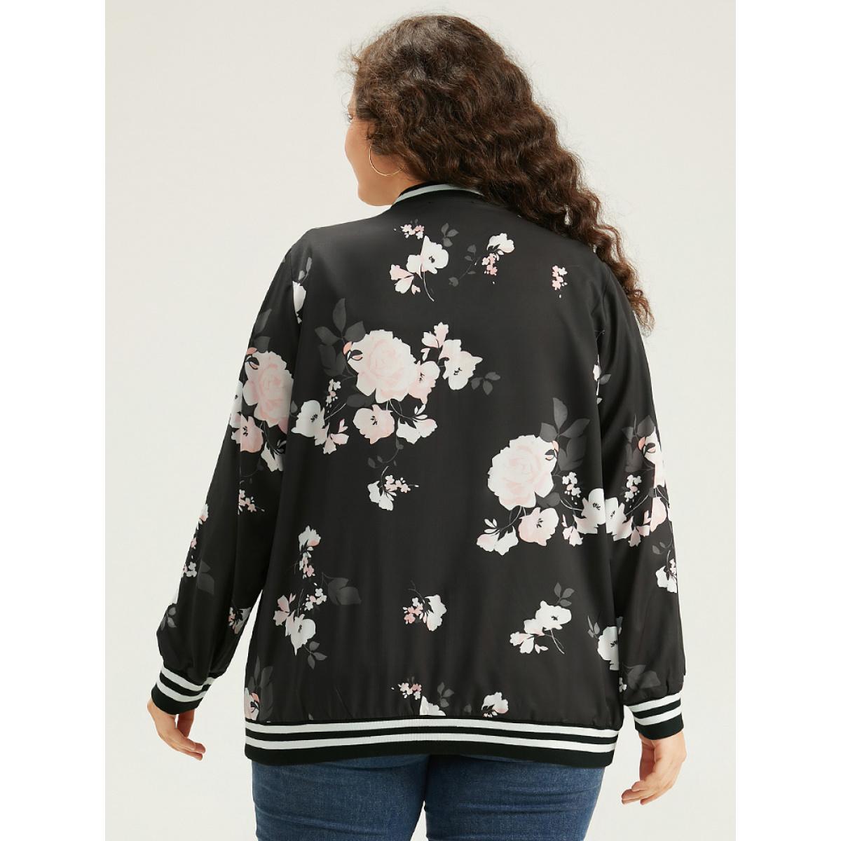 Plus Size Floral Contrast Trim O Ring Zipper Jacket Women Black Elastic cuffs Dailywear Jackets BloomChic 10/M Product Image