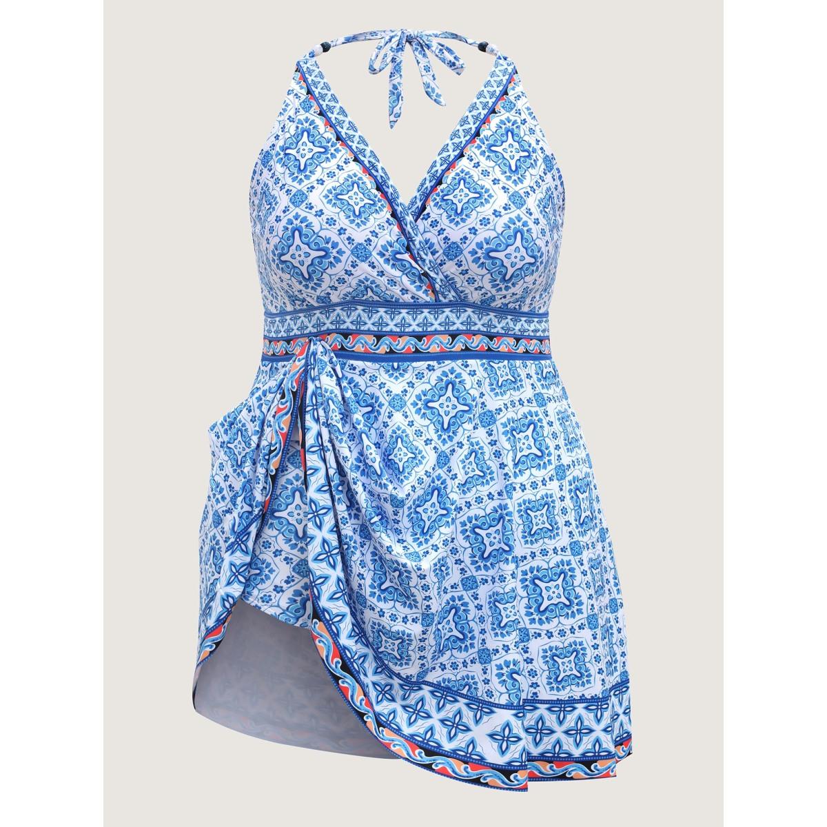 Plus Size Anti-Float Ties Boho Beaded Swim Dress Women's Swimwear Indigo Beach Bodycon Overlap Collar High stretch Curve Swim Dresses BloomChic 18-20/2X Product Image