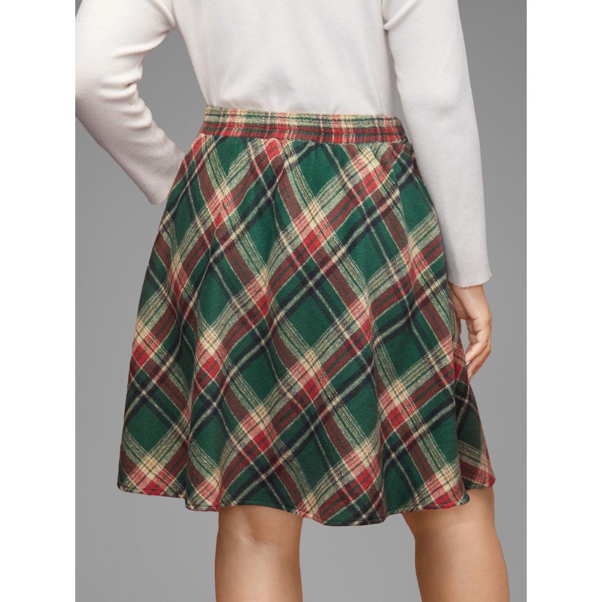 Plus Size Plaid Pattern Elastic Waist A-line Mini Skirt Women DarkGreen Retro Low stretch Slanted pocket Elegant Skirts BloomChic 22-24/3X Product Image