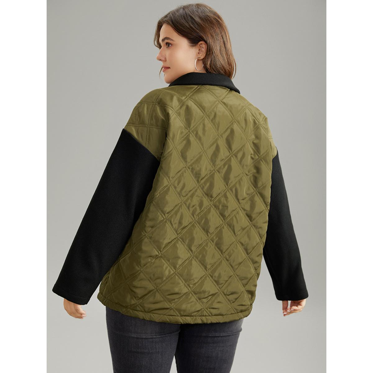 Plus Size Contrast Patchwork Quilted Button Up Jacket Women ArmyGreen Casual Texture Ladies Dailywear Winter Coats BloomChic 18-20/2X Product Image