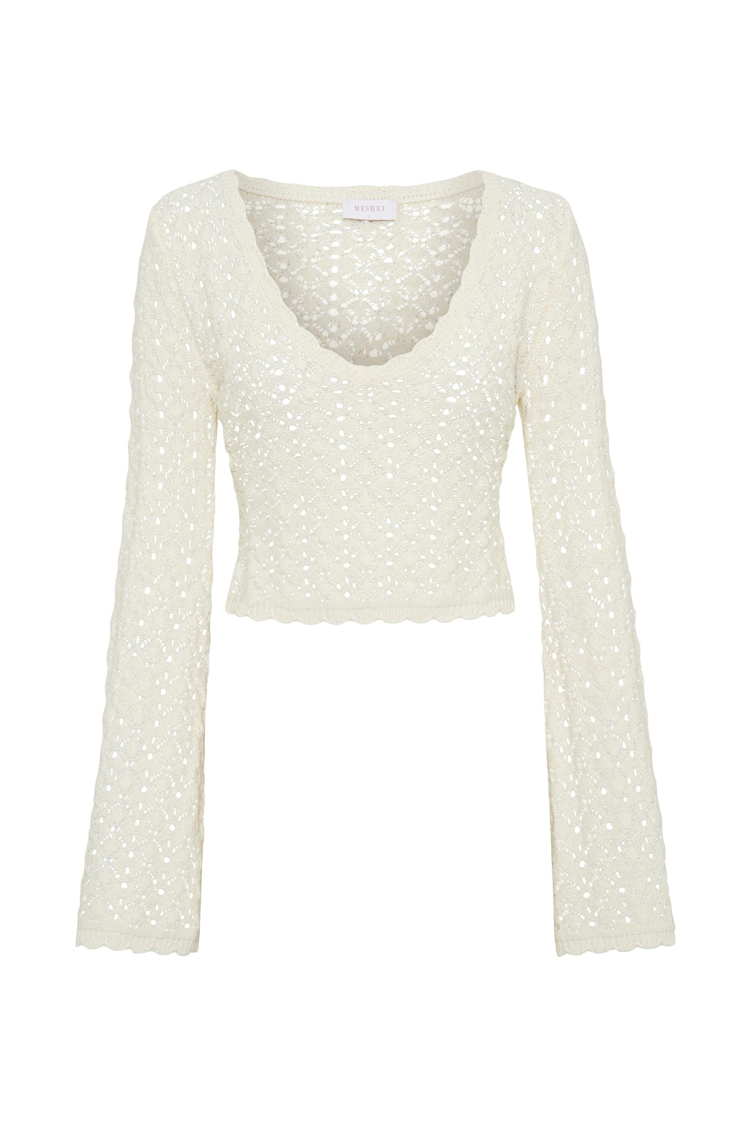Anais Scalloped Long Sleeve Knit Top - Ivory Product Image