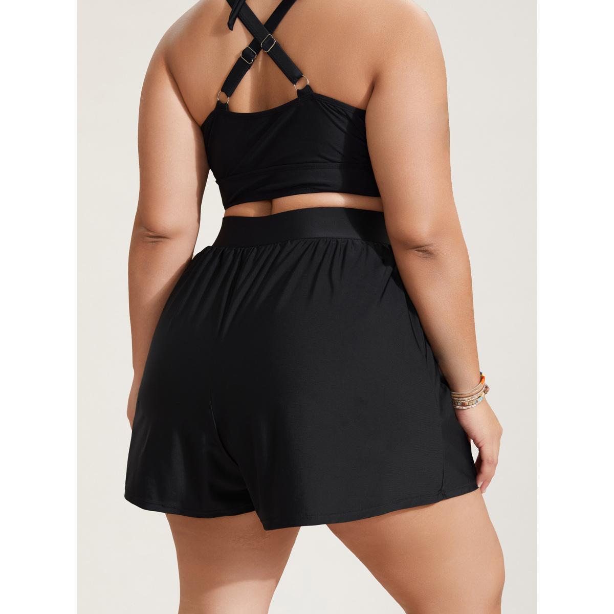 Plus Size High Waisted Pockets Solid Pleated Swim Bottom Women's Swimwear Black Resort Gathered High stretch Bodycon High Rise Slanted pocket Curve Swim Bottoms BloomChic 28/5X Product Image