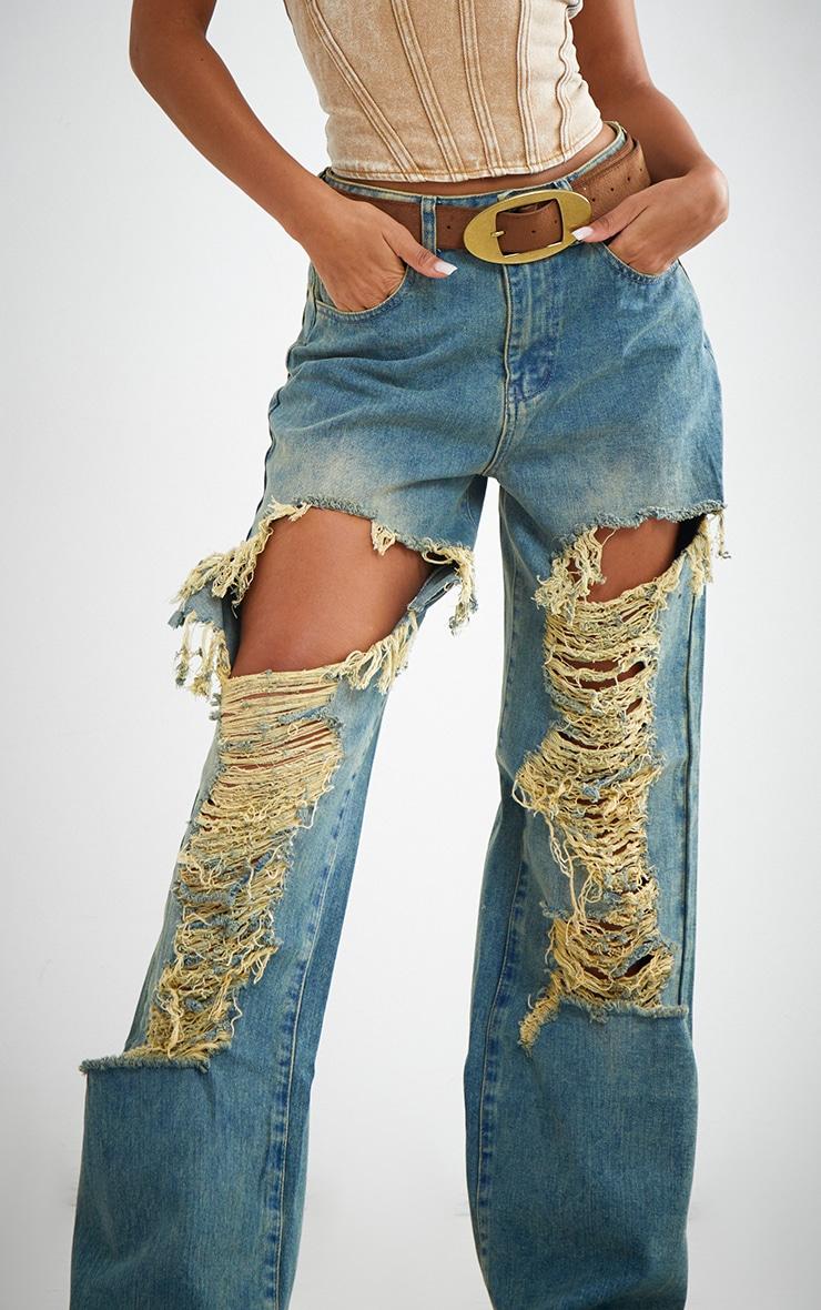 Indigo Vintage Wash Extreme Rip Front Straight Leg Jeans Product Image