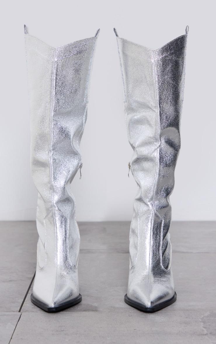 Silver Metallic Western Pointed Wedge Heeled Knee Boots Product Image