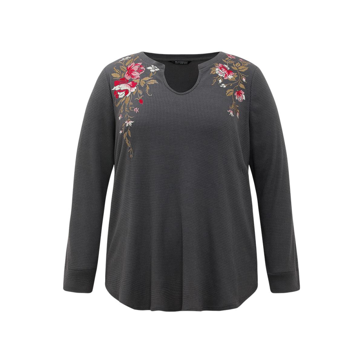 Plus Size Floral Embroidered Notched Arc Hem Sweatshirt Women DimGray Casual Embroidered Notched collar Dailywear Sweatshirts BloomChic 28/5X Product Image