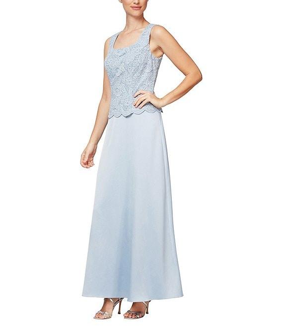 Alex Evenings Glitter Lace 3/4 Sleeve Square Neck Scallop Hem Bodice 2-Piece Jacket Gown Product Image