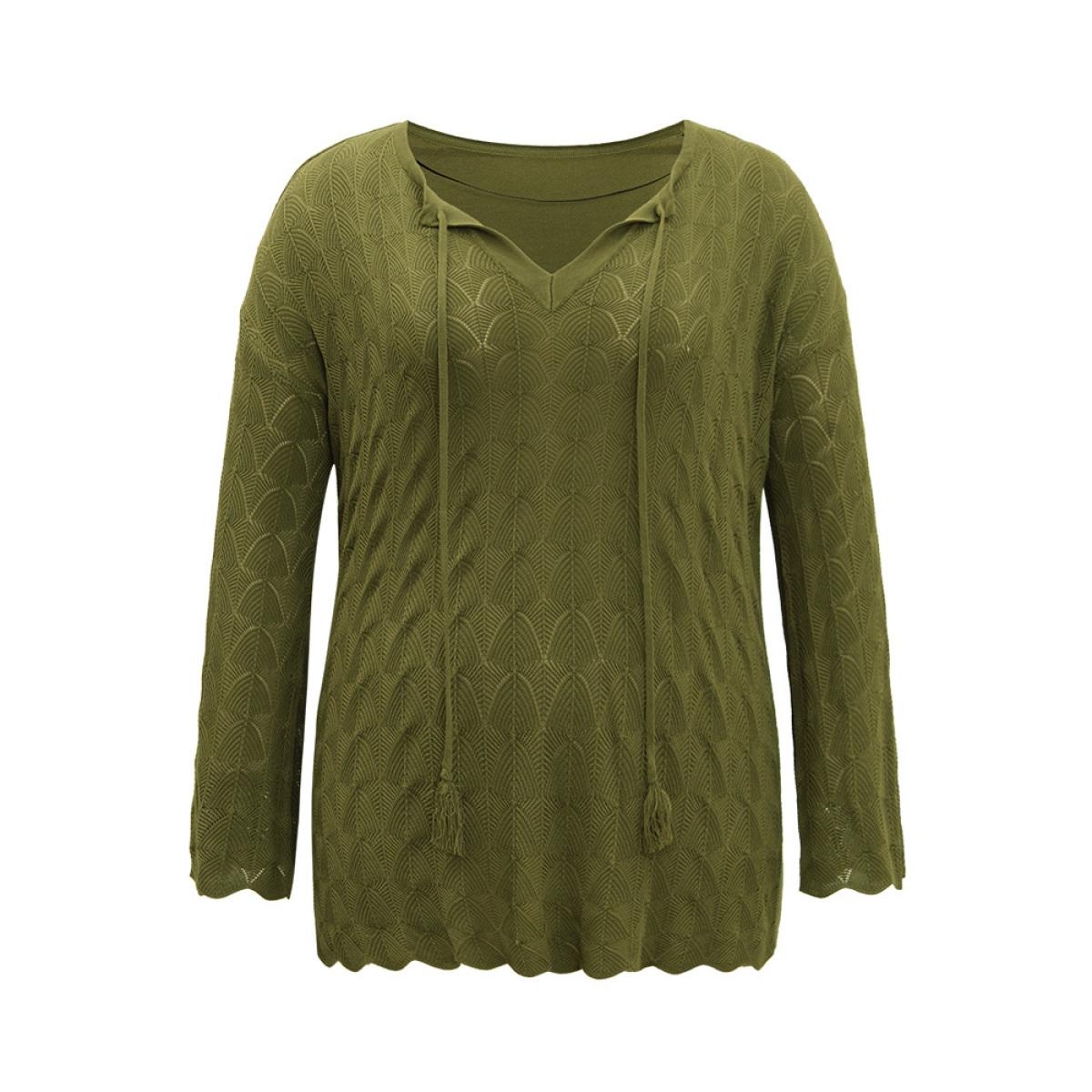 Plus Size Solid Ties Bell Sleeve Scalloped Trim Breathable Pullover Moss Women Casual Loose Long Sleeve V-neck Dailywear Pullovers BloomChic 28/5X Product Image