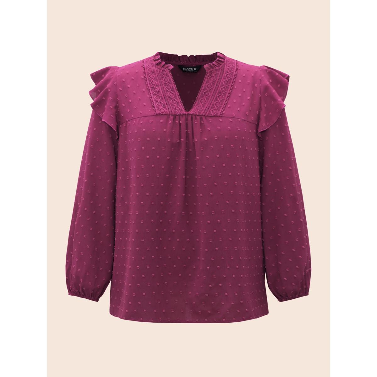 Plus Size RedViolet Texture Woven Ribbon Patchwork Ruffles Blouse Women Elegant Long Sleeve Flat collar with V-notch Everyday Blouses BloomChic 22-24/3X Product Image