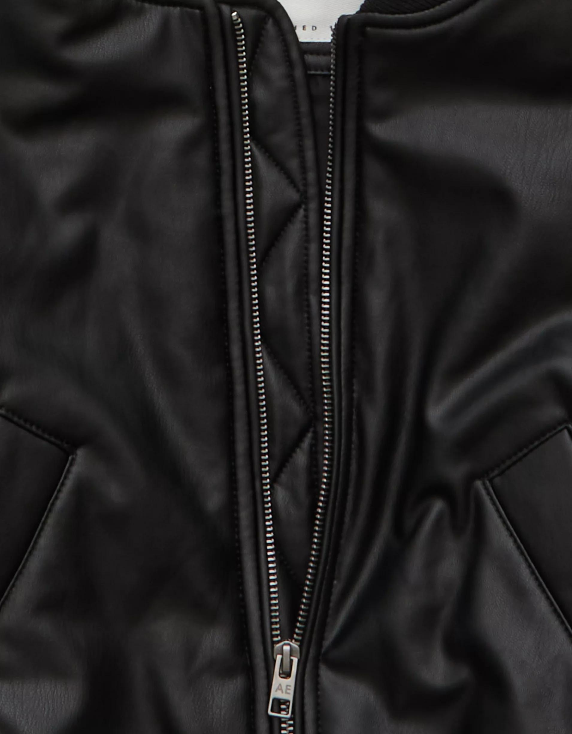 AE Faux Leather Cropped Bomber Jacket Product Image