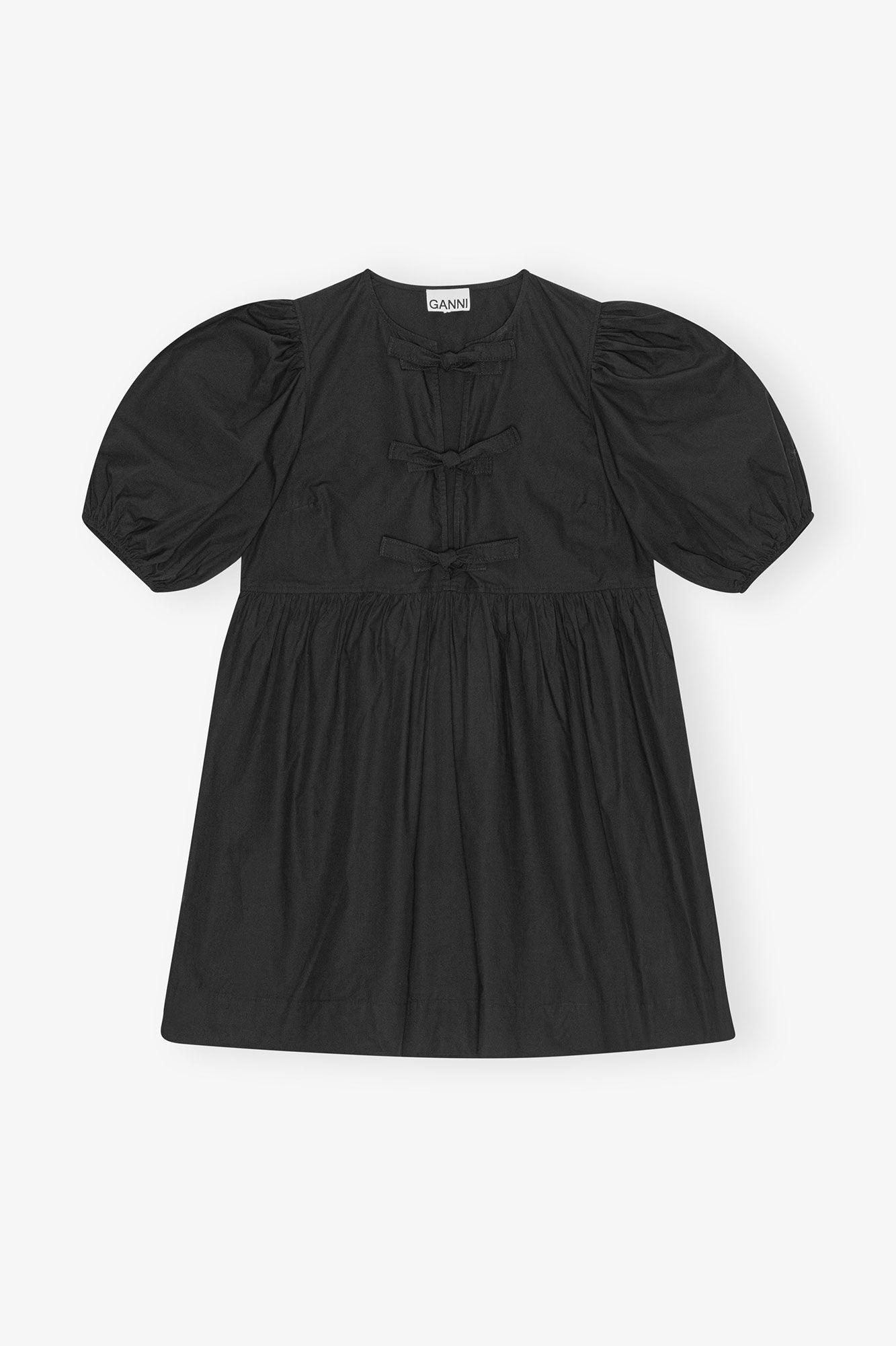 Black Cotton Poplin Tie String Mini Dress Product Image