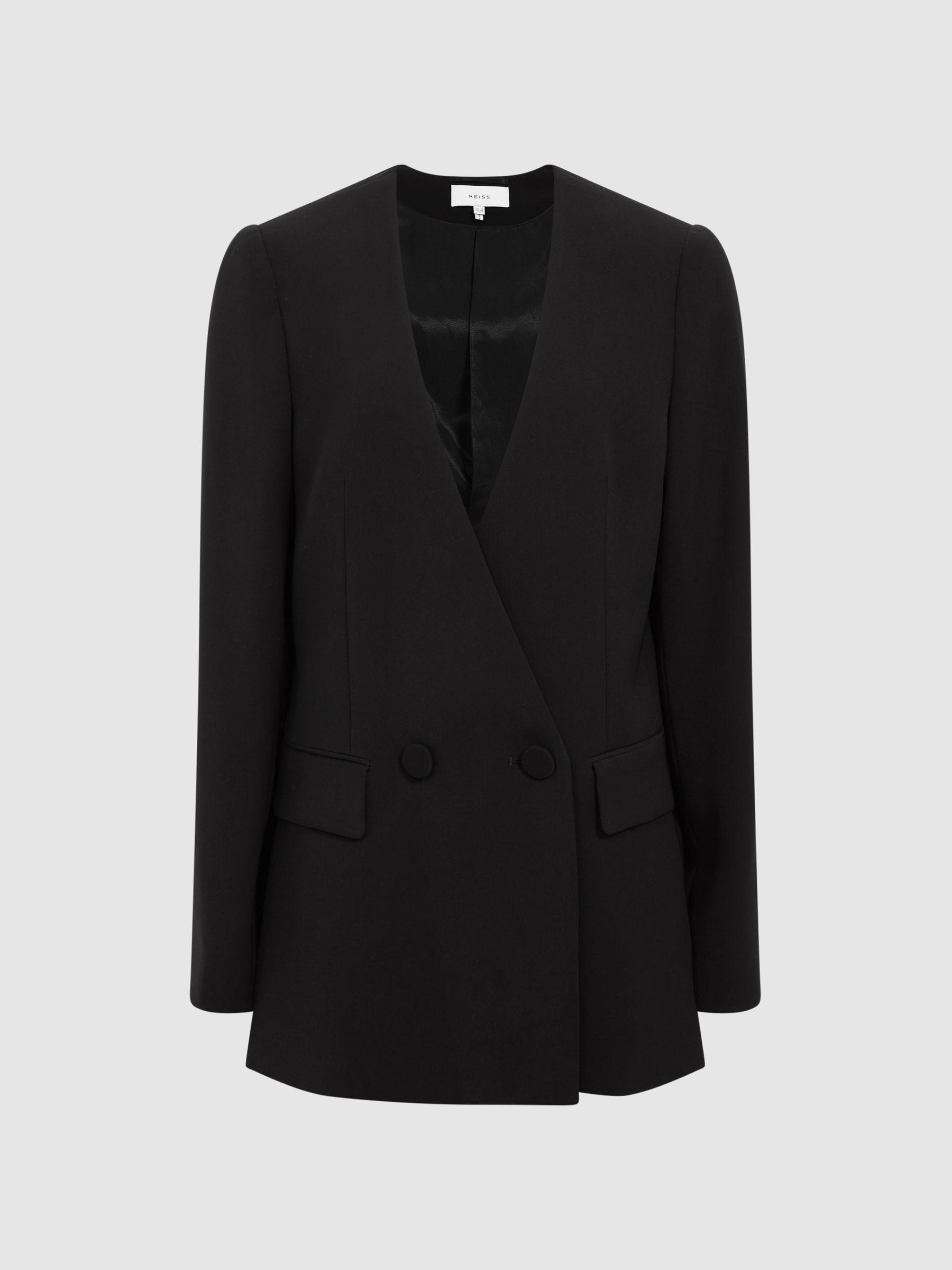 Collarless Double Breasted Suit Blazer in Black Product Image