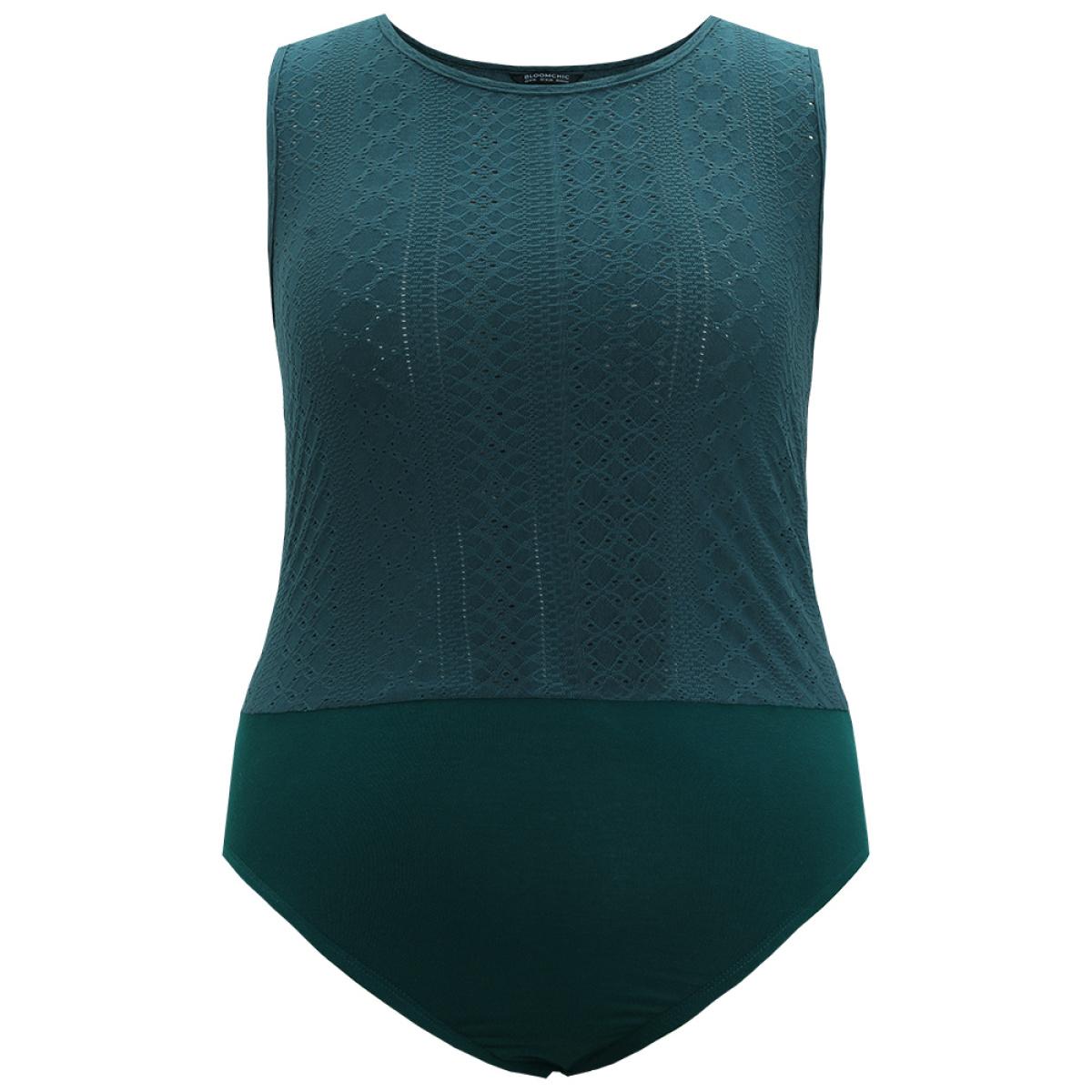 Plus Size Plain Patchwork Broderie Anglaise Tank Bodysuit Women Cyan Plain Broderie anglaise Bodysuits BloomChic 12/L Product Image