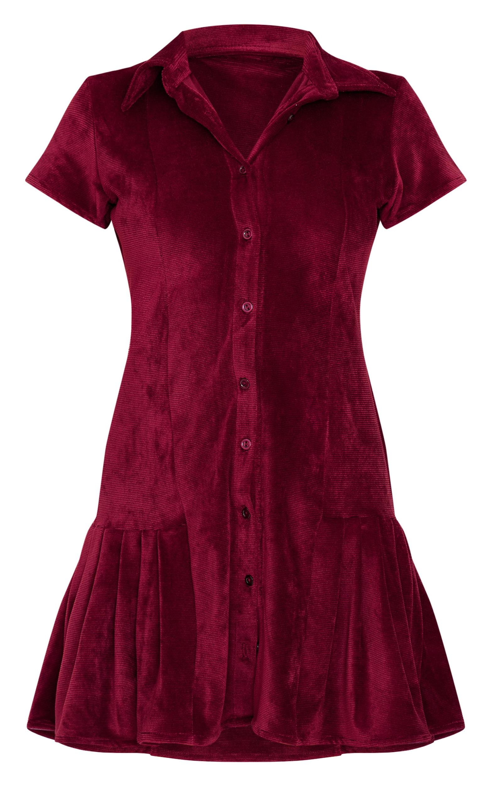 Burgundy Cord Button Down Cap Sleeve Pleated Hem Shift Dress Product Image