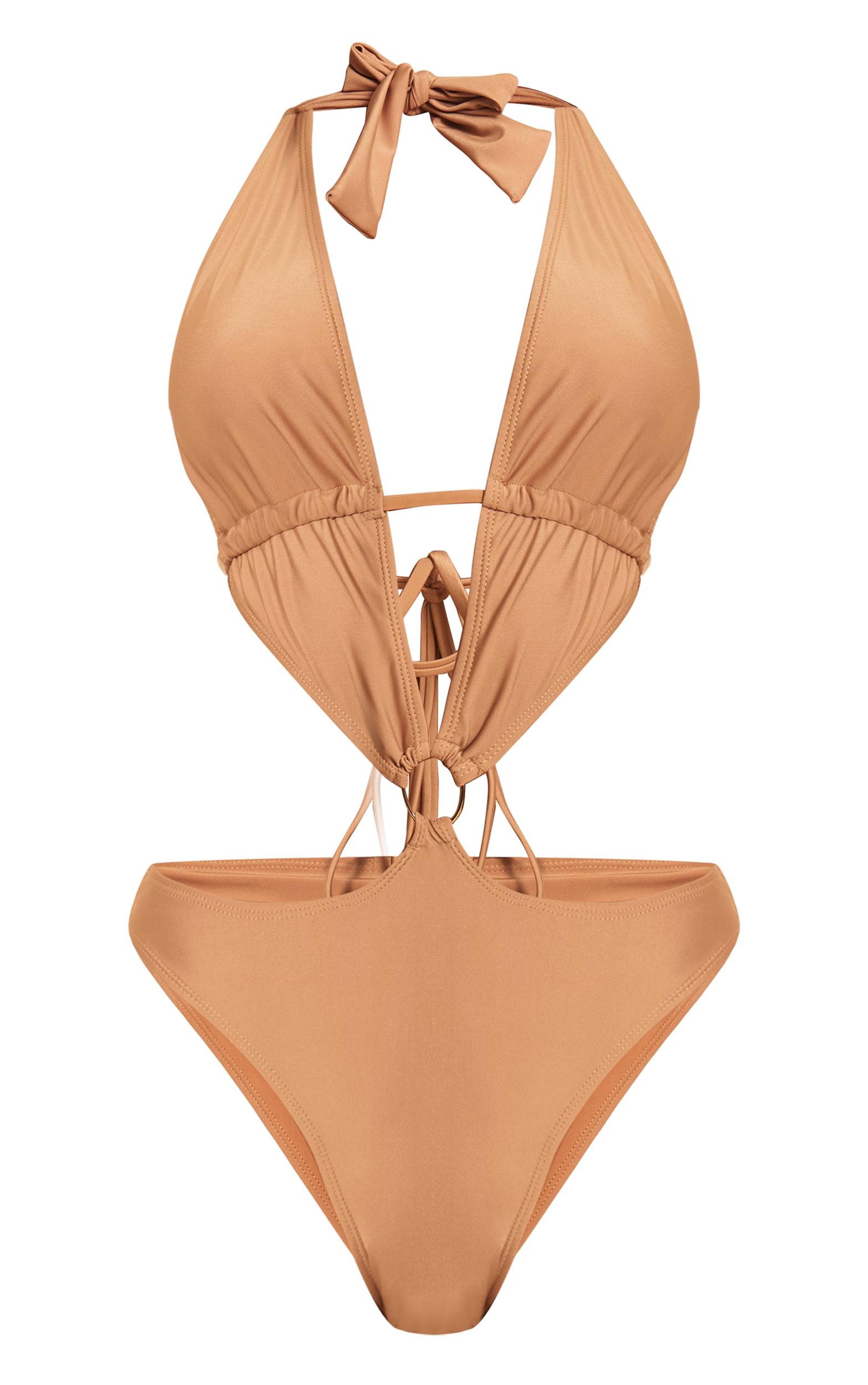 Beige Plunge O Ring Cut Out Swimsuit Product Image