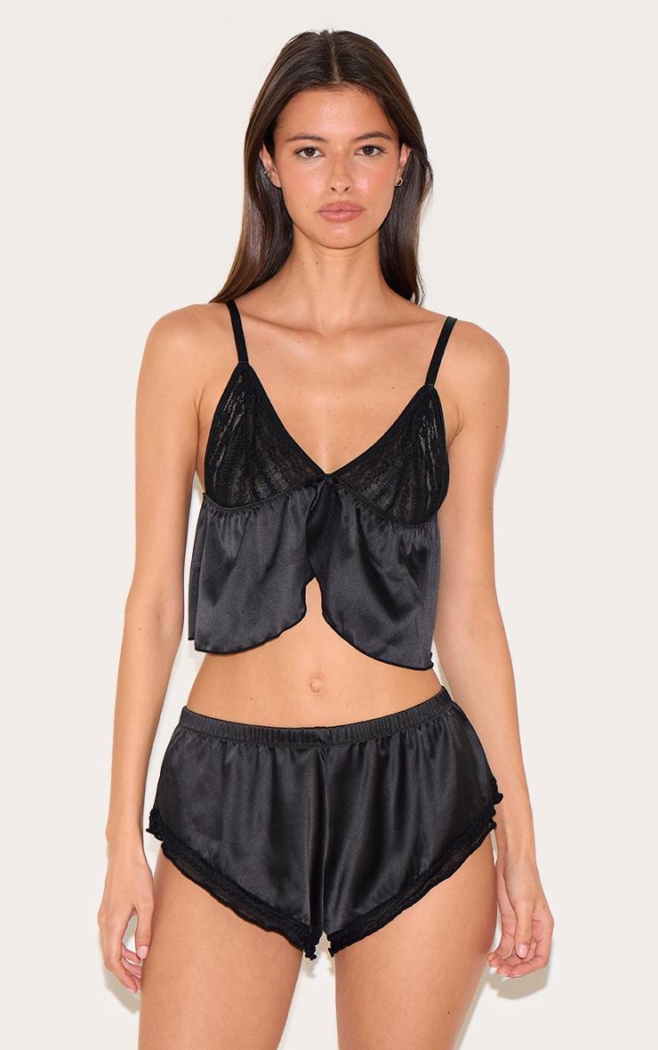 Black Textured Lace Satin Cami Short Pj Set Product Image