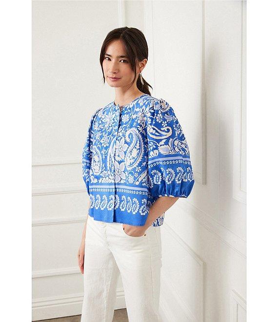 Karen Kane Crew Neck Short Sleeve Floral Paisley Printed Blouse Product Image