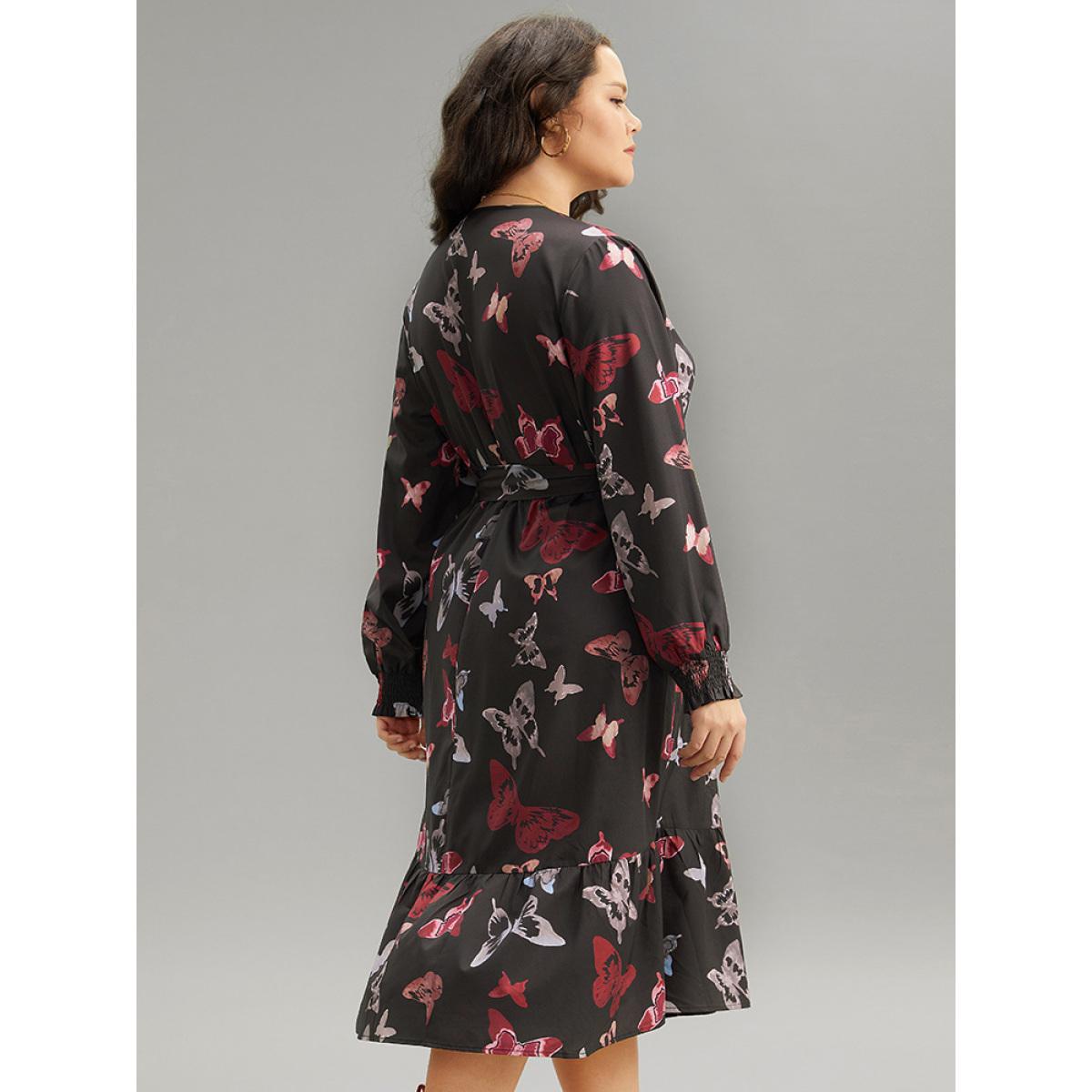 Plus Size Butterfly Print Shirred Belted Layered Dress Black Women Elegant Belted V-neck Long Sleeve Curvy Midi Dress BloomChic 22-24/3X Product Image