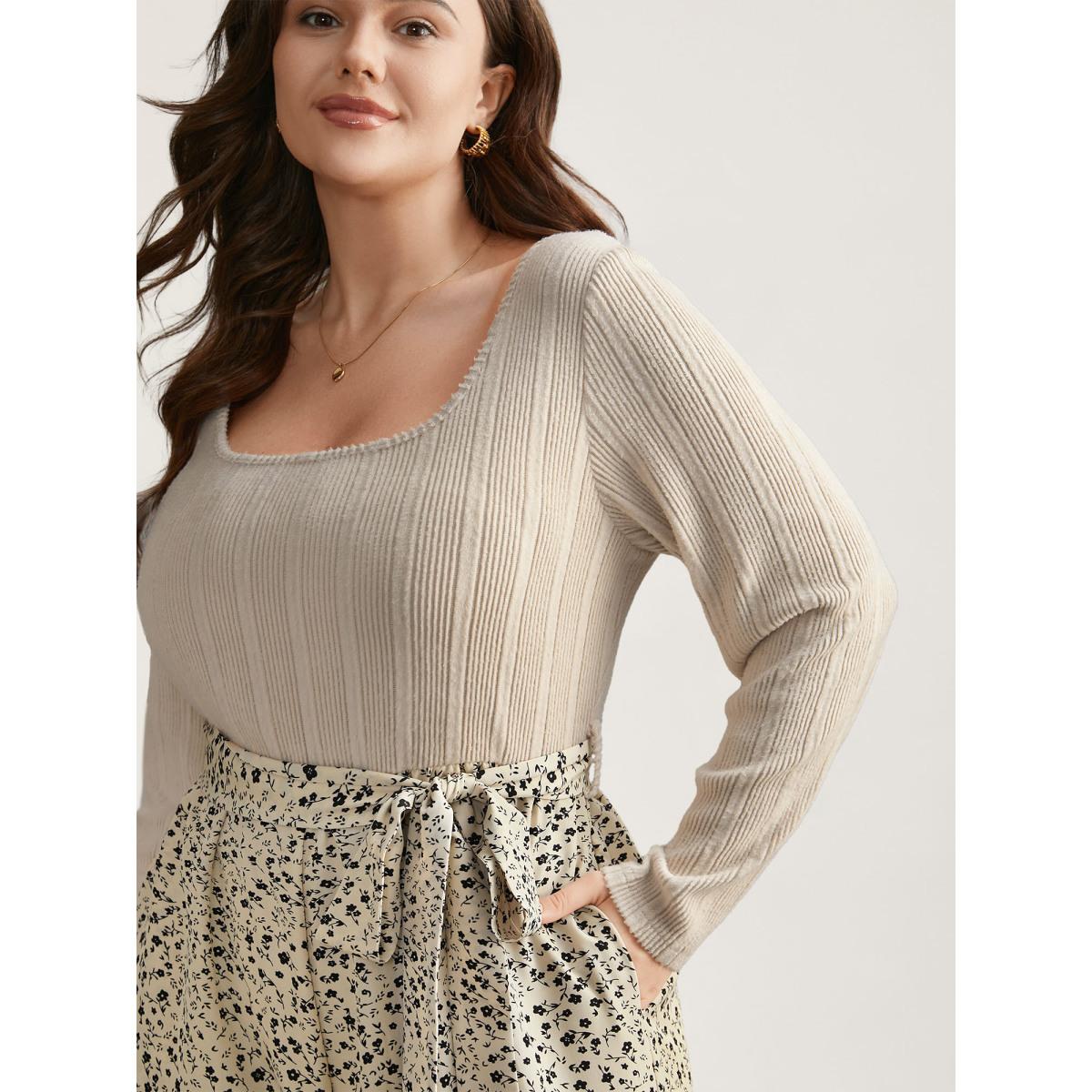 Plus Size Apricot Textured Square Neck Belted Floral Jumpsuit Women Elegant Long Sleeve Square Neck Everyday Loose Jumpsuits BloomChic 14-16/1X Product Image