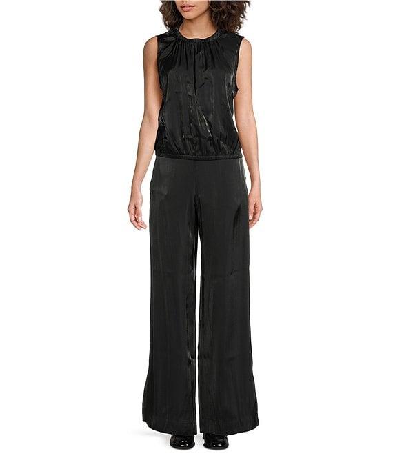 Cloth & Stone Woven Plaid Print High Rise Elastic Tie Waist Wide Leg Full Length Pants Product Image