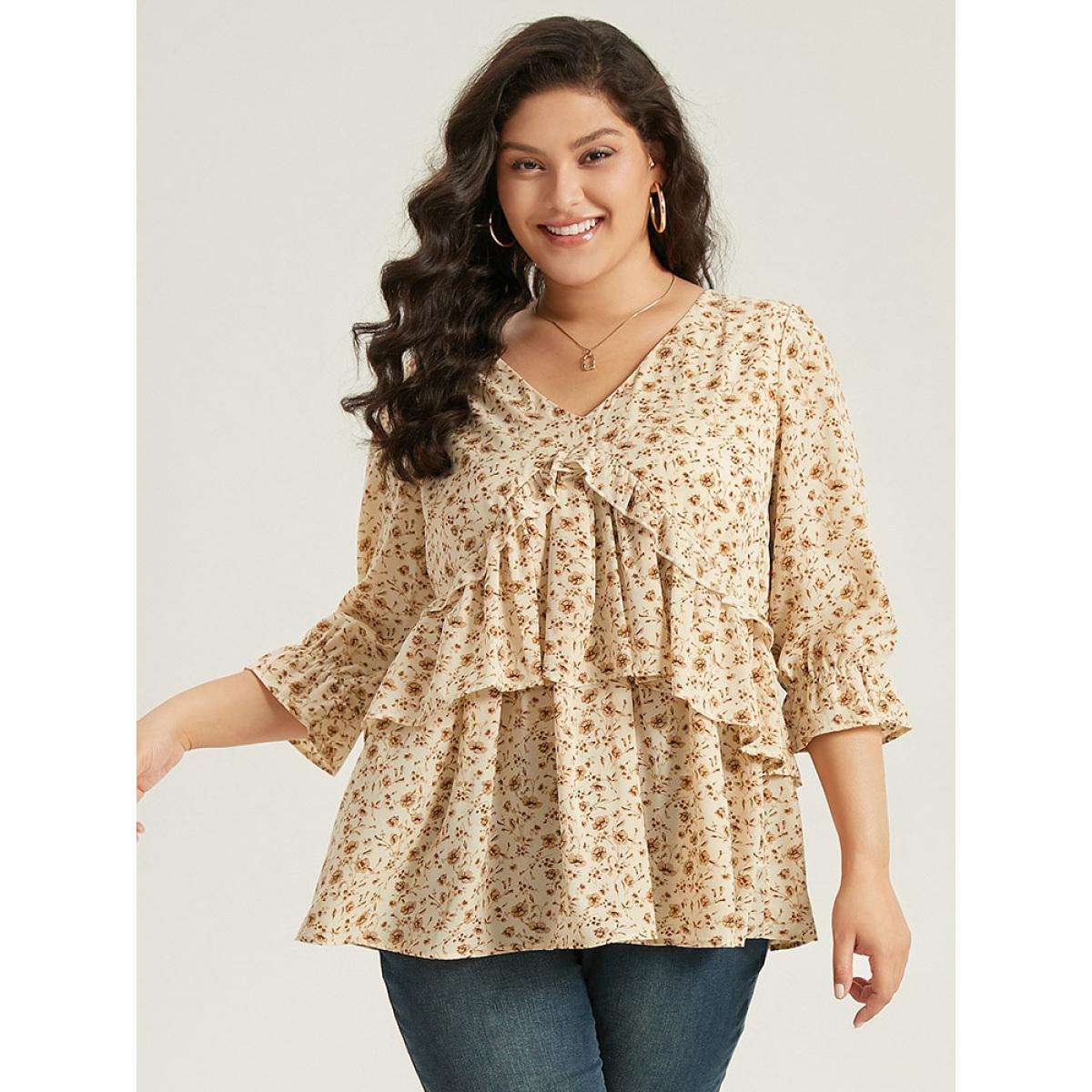 Plus Size Apricot Ditsy Floral Tiered Ruffles Gathered Blouse Women Elegant Elbow-length sleeve V-neck Dailywear Blouses BloomChic 12/L Product Image
