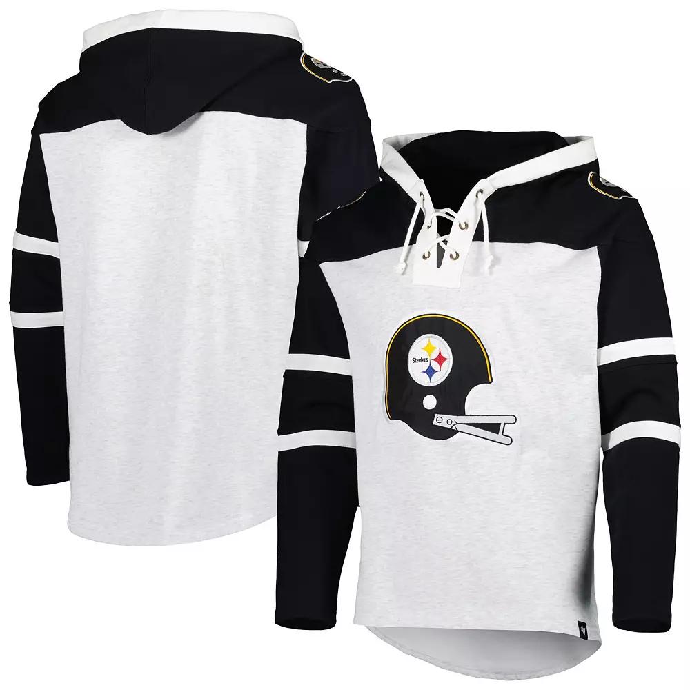 Men's '47 Pittsburgh Steelers Heather Gray Historic Logo Gridiron Lace-Up Pullover Hoodie,  Product Image