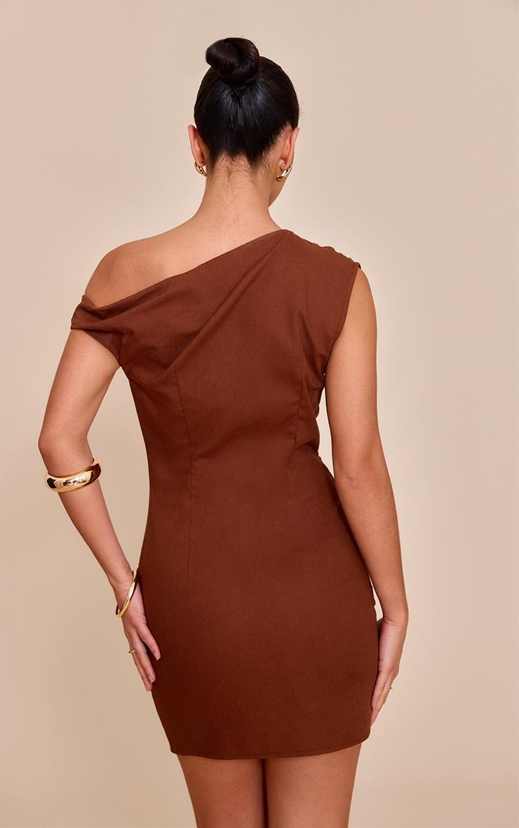Chocolate Linen Look Twist Shoulder Shift Dress Product Image