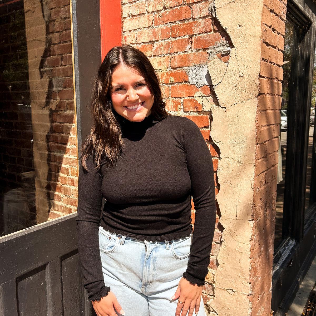 Lettuce Trim Mockneck Sweater Top Black Product Image