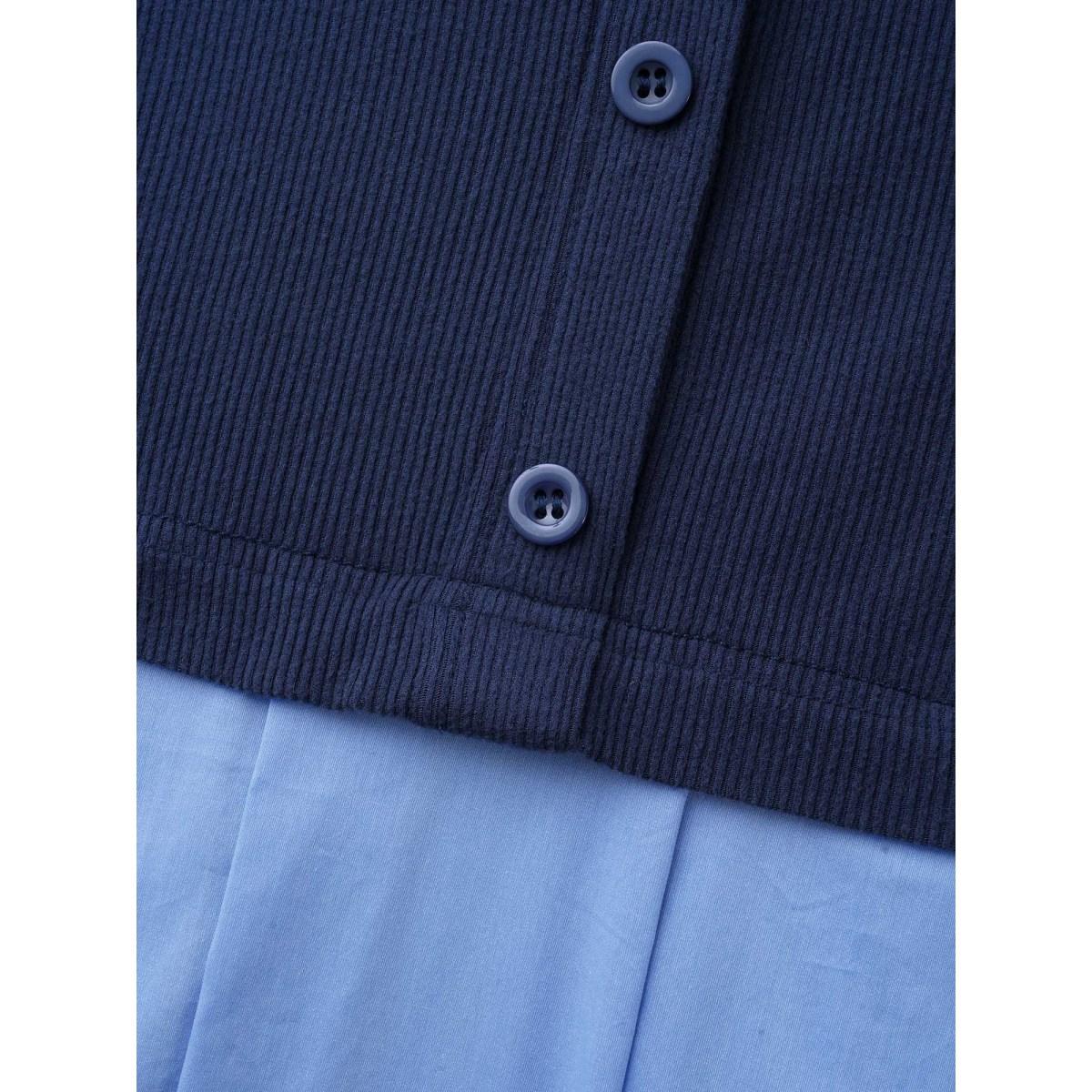 Plus Size 2-In-1 Contrast Patchwork Pleated Dress Indigo Women Elegant Texture Suit Collar Long Sleeve Curvy BloomChic 18-20/2X Product Image