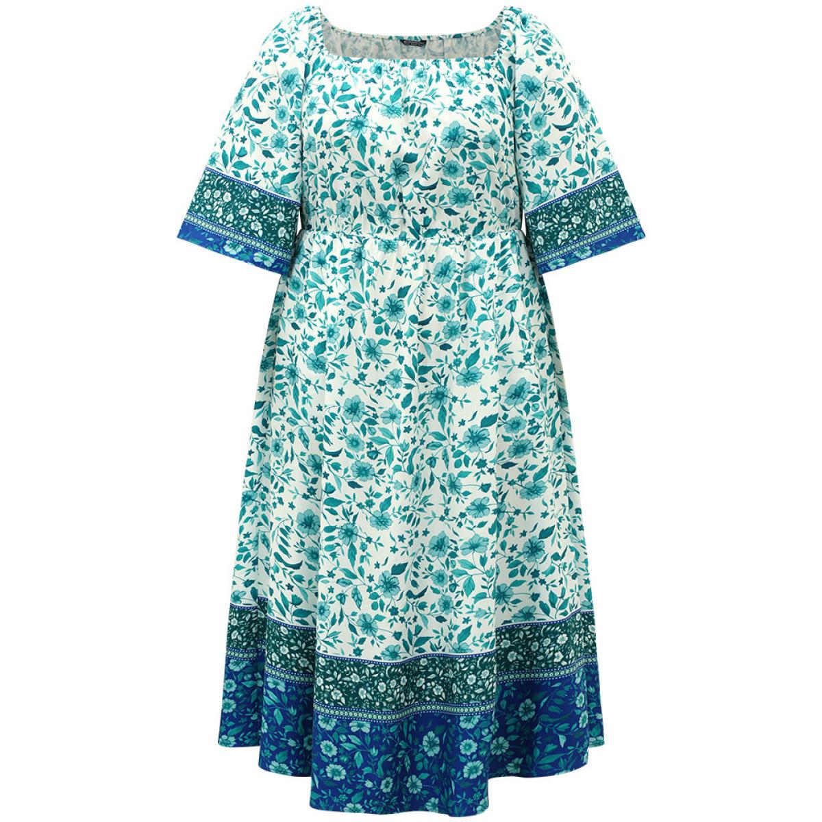 Plus Size Floral Print Patchwork Square Neck Raglan Sleeve Dress Emerald Women Vacation Gathered Square Neck Half Sleeve Curvy Midi Dress BloomChic 30/6X Product Image