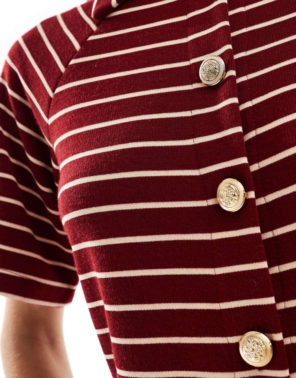 ASOS DESIGN cardigan with collar in burgundy and white stripe Product Image
