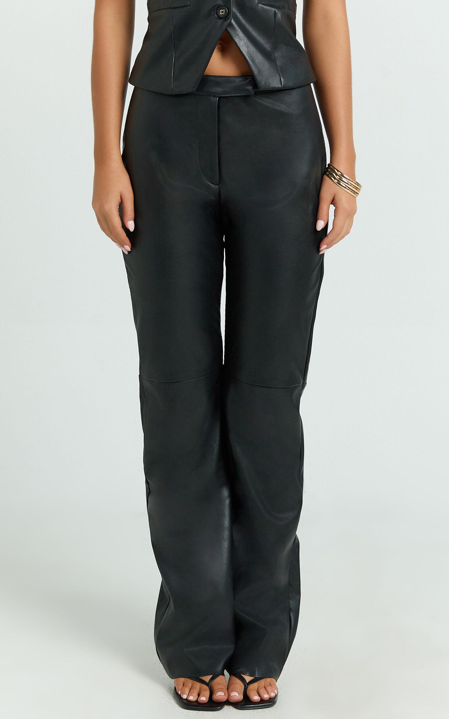 Marzia Pants - Faux Leather Mid Waisted Straight Leg Pants in Black Product Image