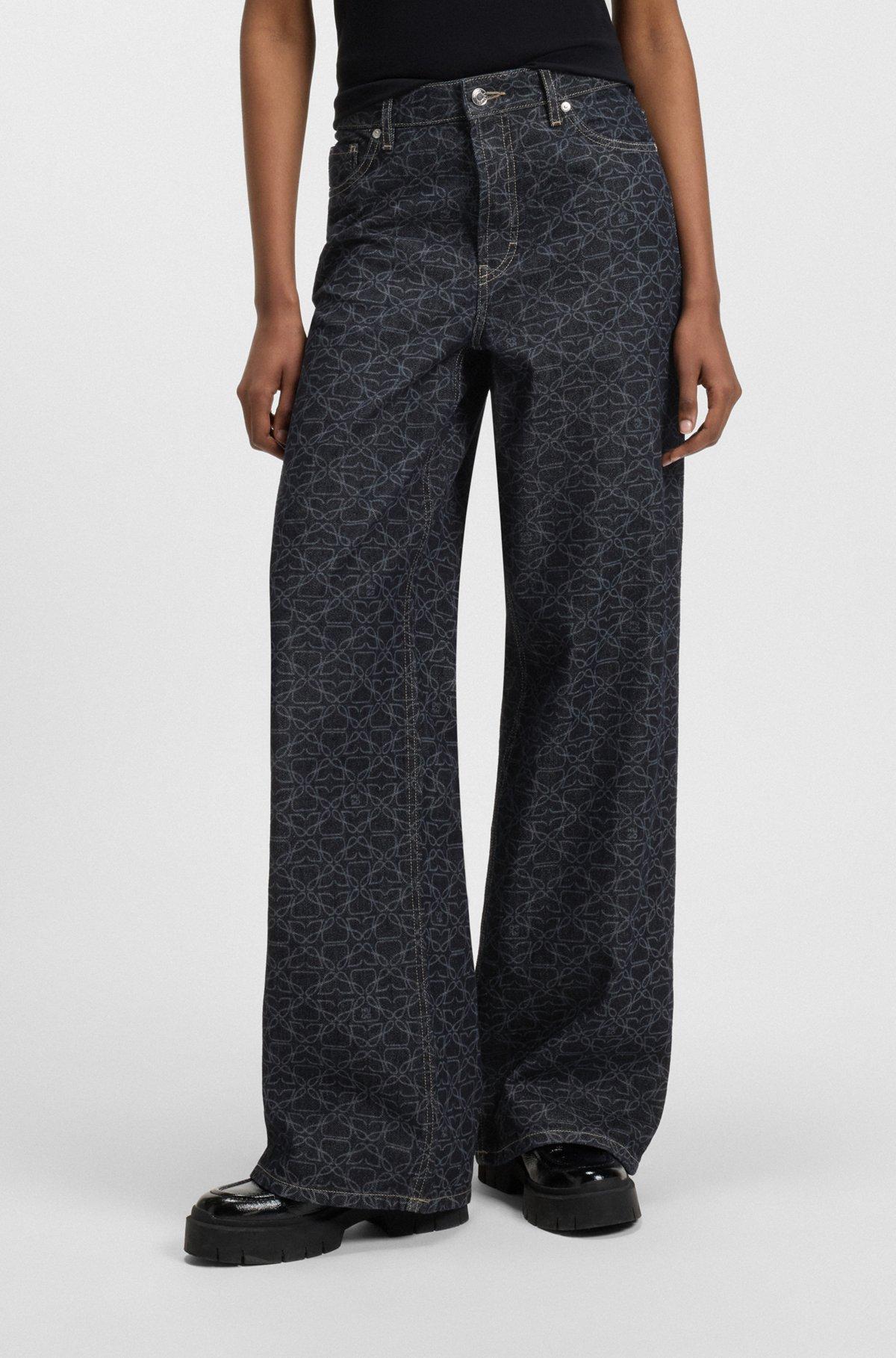 HUGO - Super-wide-leg jeans in monogram laser-print denim - Dark Blue Product Image