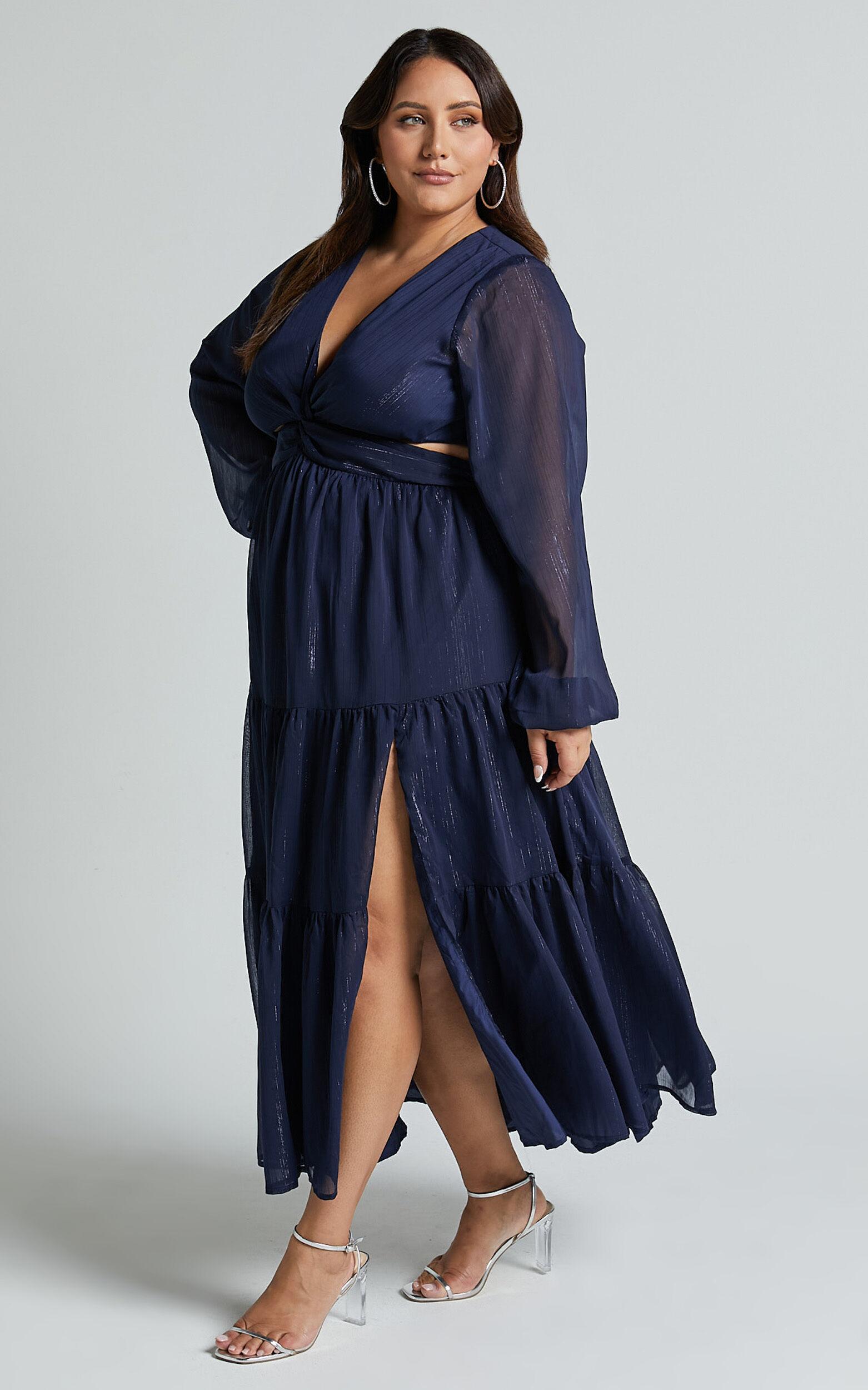 Edelyn Midi Dress - Cut Out Balloon Sleeve Tiered Dress in Navy Product Image