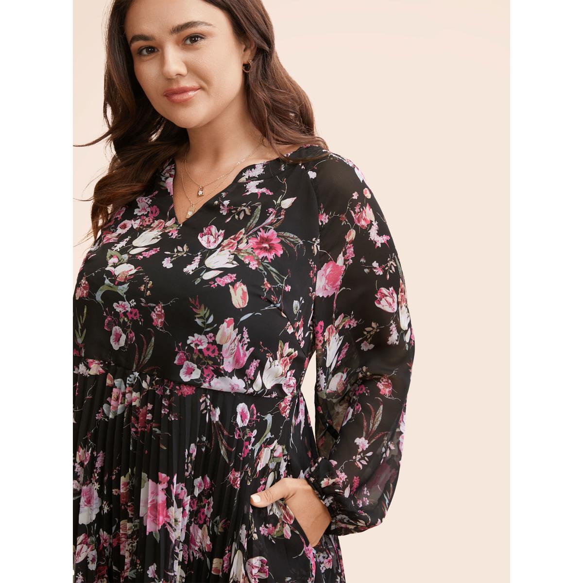 Plus Size Black Chiffon Floral Pleated Pocket Blouse Women Elegant Long Sleeve Flat collar with V-notch Everyday Blouses BloomChic 12/L Product Image