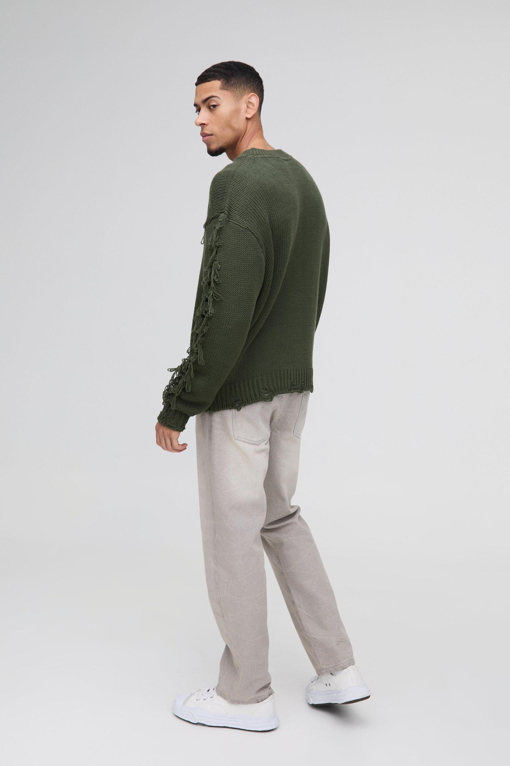 Oversized Boxy Distressed Textured Knitted Sweater | boohooMAN USA Product Image